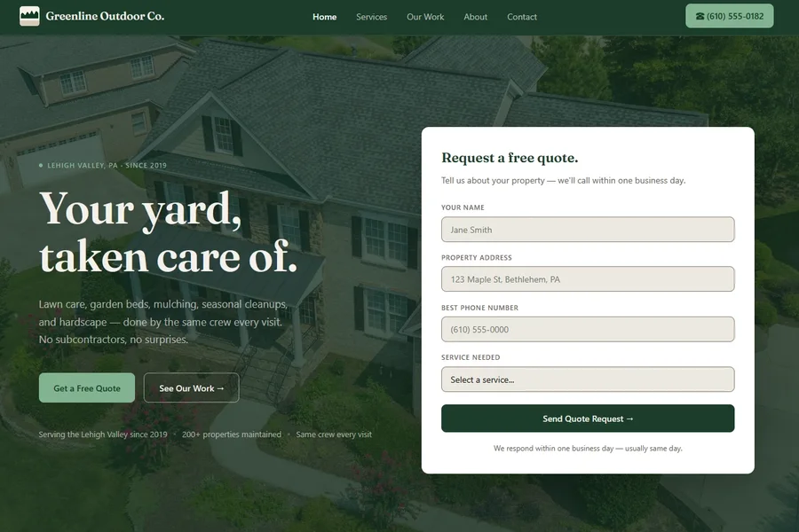 The Greenline Outdoor Co. demo homepage: a landscaped property behind a "Request a free quote" form.