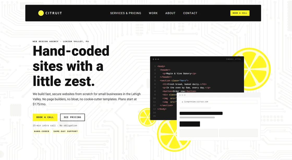 The Citruit homepage: a bold headline reading "Hand-coded sites with a little zest," with an animated code-to-live-site demo panel beside it.