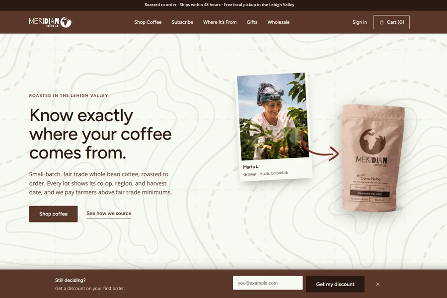 The Meridian Coffee Co. demo homepage: the headline "Know exactly where your coffee comes from" beside a photo of a grower and a bag of Cerro Nube coffee.